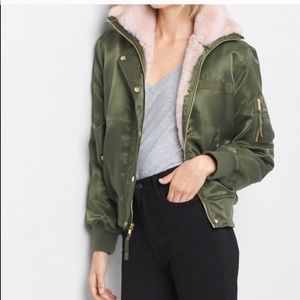 Olive and Pink Faux Fur Bomber
